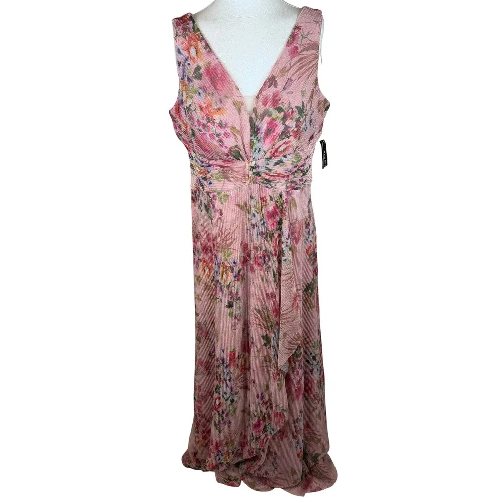 NWD R&M Richards Pink Floral Crinkle Pleated Maxi Gown Dress Size 14 Wedding